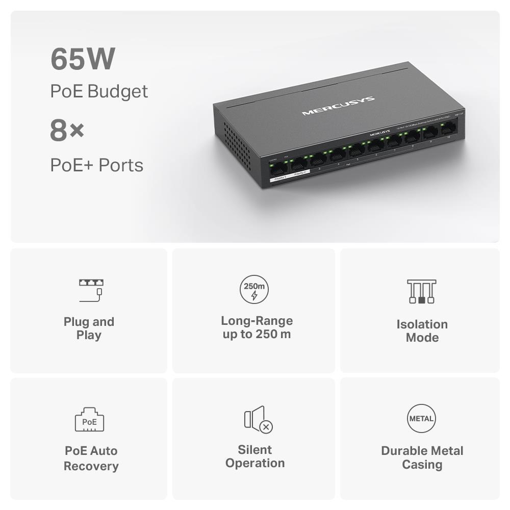 MERCUSYS switch MS110P (10x100Mb/ s, 8xPoE+, 65W, fanless)3 