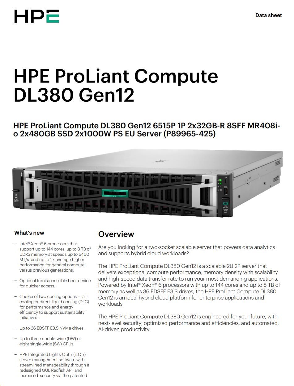 HPE PL DL380g12 6520P (2.4/ 24C) 2x32G (p69727) MR416i-o 8SFF 2x1000W 2p10G PFans NBD333 Smart Choice9 