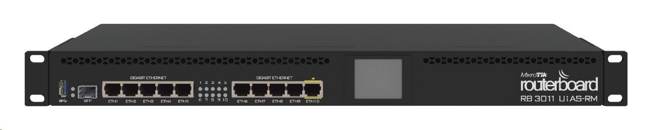 MikroTik RouterBOARD RB3011UiAS-RM,  dvojjadrový 1.4 GHz CPU,  1 GB RAM,  10x LAN,  1x SFP,  1x USB 3.0,  vrátane. Licencia L1 