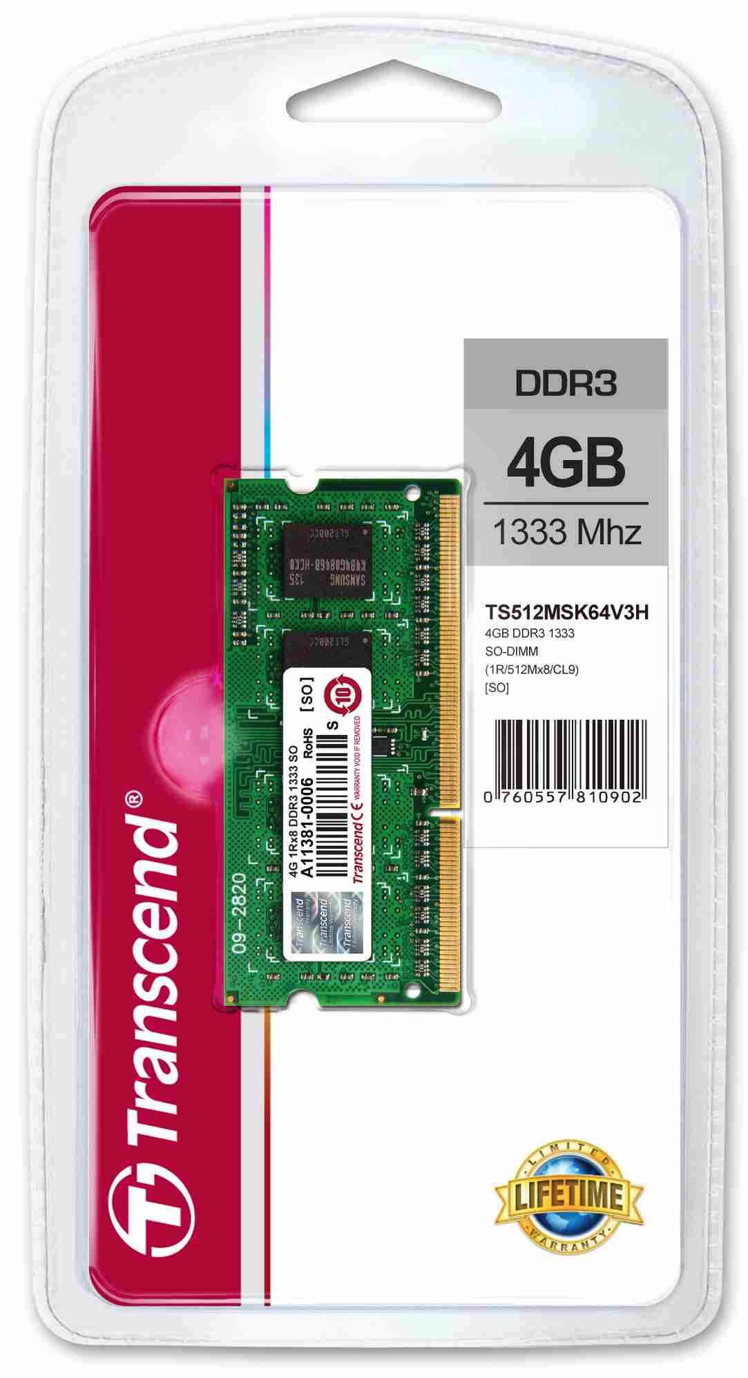 SODIMM DDR3 4GB 1333MHz TRANSCEND 1Rx8 CL91 