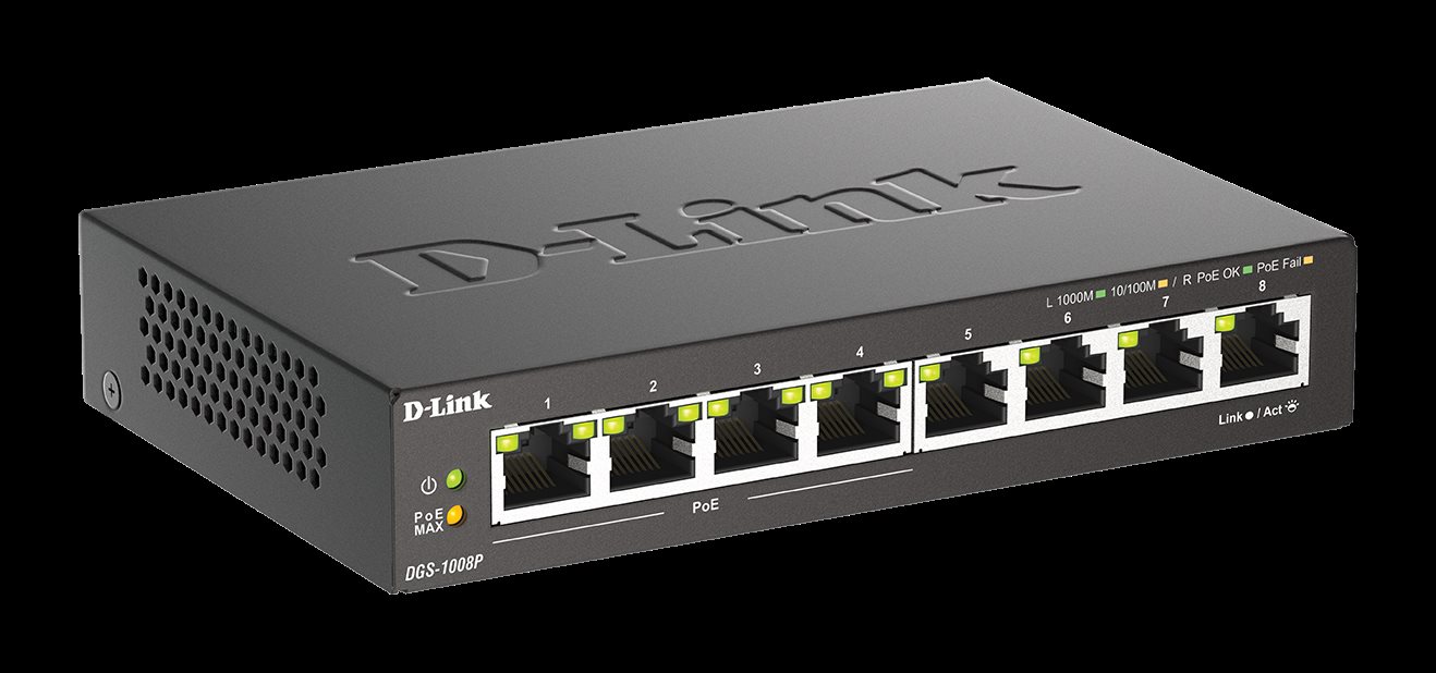 D-Link DGS-1008P 8-portový gigabitový stolový prepínač,  4 porty PoE+,  rozpočet PoE 68 W3 