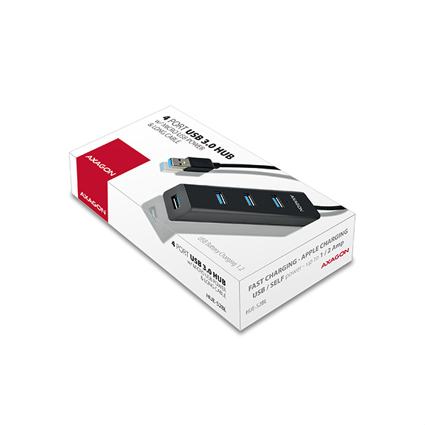 AXAGON HUE-S2BL,  4x USB 3.0 CHARGING hub,  micro USB nap. konektor,  kábel USB-A 1.2m10 
