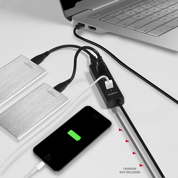 AXAGON HUE-S2BL,  4x USB 3.0 CHARGING hub,  micro USB nap. konektor,  kábel USB-A 1.2m8 