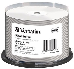 VERBATIM CD-R(50-pack) spindl,  AZO 52X, 700MB, WHITE WIDE THERMAL PRINTABLE SURFACE NON-ID0 