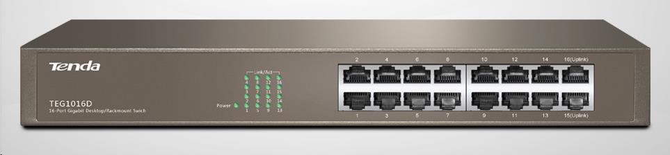 Tenda TEG1016D 16-portový gigabitový ethernetový prepínač,  10/ 100/ 1000 Mb/ s,  bez ventilátora,  montáž do racku1 