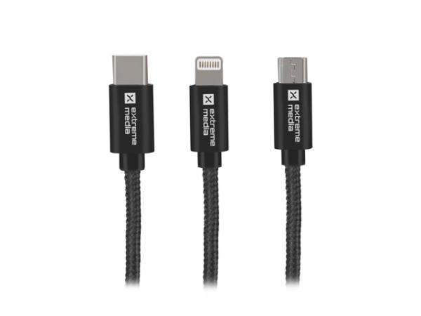 Natec viackonektorový kábel 3v1 USB Micro + Lightning + USB-C, textilné opletenie, 1m