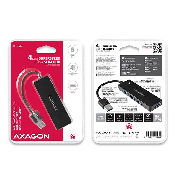 AXAGON HUE-G1A, 4x USB 3.2 Gen 1 SLIM hub, kábel Type-A 14cm napevno7