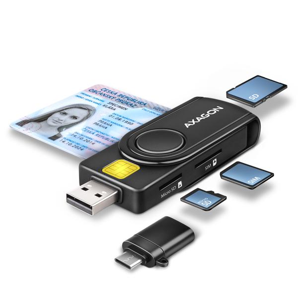 AXAGON CRE-SMP2A, USB-A + USB-C PocketReader 4-slot čítačka Smart card (eObčanka) + SD/ microSD/ SIM