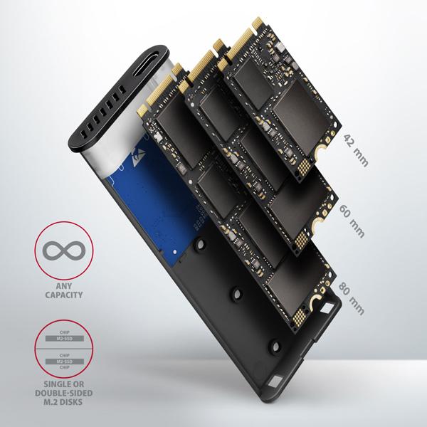 AXAGON EEM2-SB2, USB-C 3.2 Gen 2 - M.2 NVMe & SATA SSD kovový RAW box, bezskrutkový, čierny12