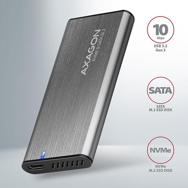 AXAGON EEM2-SB2, USB-C 3.2 Gen 2 - M.2 NVMe & SATA SSD kovový RAW box, bezskrutkový, čierny11