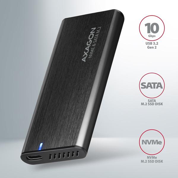 AXAGON EEM2-SB2, USB-C 3.2 Gen 2 - M.2 NVMe & SATA SSD kovový RAW box, bezskrutkový, čierny1