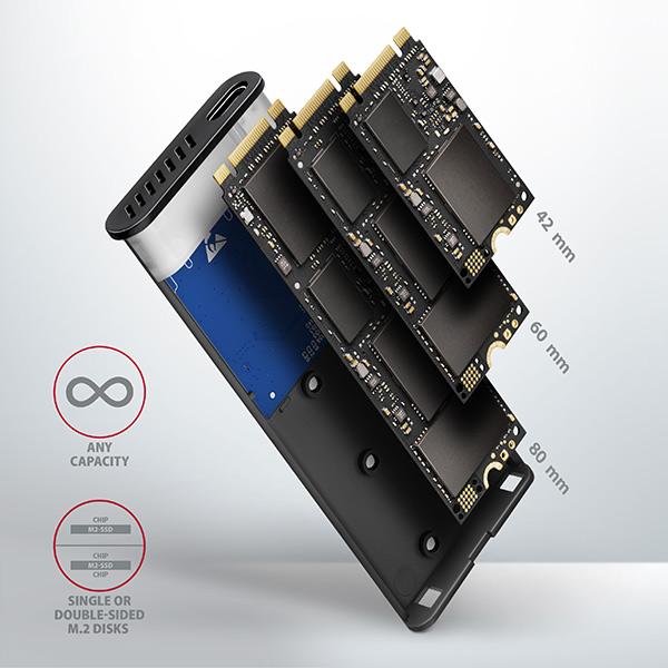 AXAGON EEM2-SB2, USB-C 3.2 Gen 2 - M.2 NVMe & SATA SSD kovový RAW box, bezskrutkový, čierny20