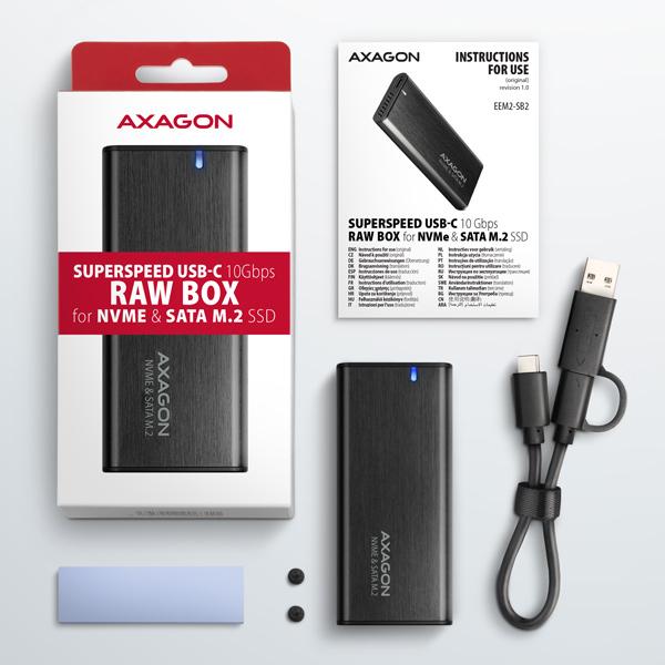 AXAGON EEM2-SB2, USB-C 3.2 Gen 2 - M.2 NVMe & SATA SSD kovový RAW box, bezskrutkový, čierny2