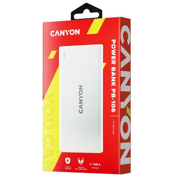 Canyon PB-106, Powerbank, Li-Pol, 10.000 mAh, Vstup: 1x Micro-USB, 1x USB-C, Výstup: 2x USB-A, biela4