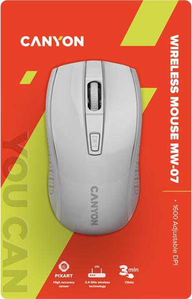 Canyon MW-07, Wireless optická myš USB, 800/1200/1600 dpi, Pixart 3065, 4 tlač, biela1