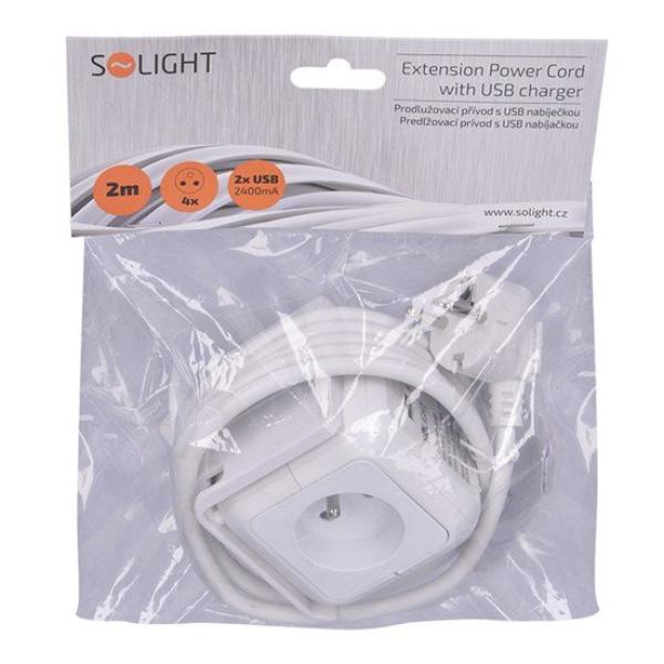 Solight predlžovací prívod - kocka, 4 zásuvky 230V + 2x USB max. 2400mm, kábel 2m4