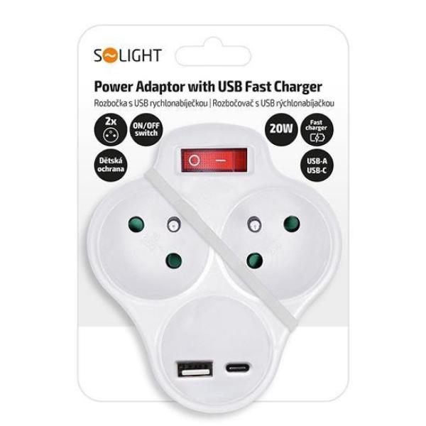 Solight rozbočka s USB A+C rychlonabíječkou 20W PD,  2 x 10A,  bílá,  vypínač2