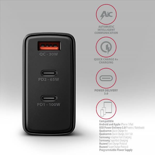 AXAGON ACU-DPQ100, GaN nabíjačka do siete 100W, 3x port (USB-A + dual USB-C), PD3.0/ PPS/ QC4+/ Apple1