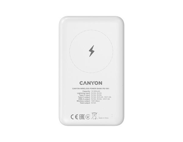 Canyon PB-1001, Powerbank, Li-Pol, 10.000 mAh, Vstup: 1x USB-C, 1x Lightning, Výstup: 1x USB-A, 1x USB-C, bezdr. nab 10W1