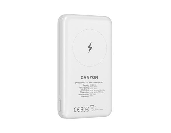 Canyon PB-1001, Powerbank, Li-Pol, 10.000 mAh, Vstup: 1x USB-C, 1x Lightning, Výstup: 1x USB-A, 1x USB-C, bezdr. nab 10W7