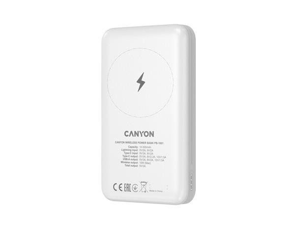 Canyon PB-1001, Powerbank, Li-Pol, 10.000 mAh, Vstup: 1x USB-C, 1x Lightning, Výstup: 1x USB-A, 1x USB-C, bezdr. nab 10W8