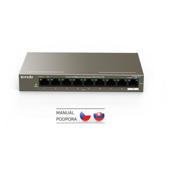 Tenda TEF1109P-8-63W PoE AT switch 8x PoE 802.3af/ at, 9x 100Mb/ s, PoE+ celkom 58W, fanless