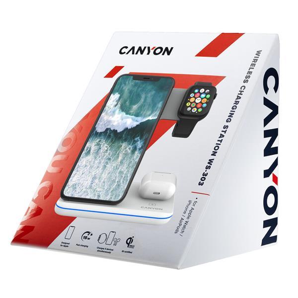 Canyon WS-303, 3v1, bezdrôtová Qi nabíjacia stanica pre 3 zariadenia simultánne, biela3