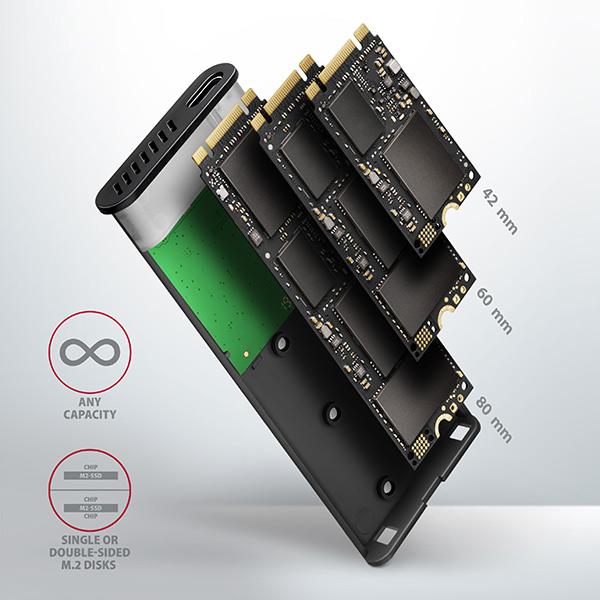 AXAGON EEM2-SBC, USB-C 3.2 Gen 2 - M.2 SATA SSD kovový RAW box, bezskrutkový11