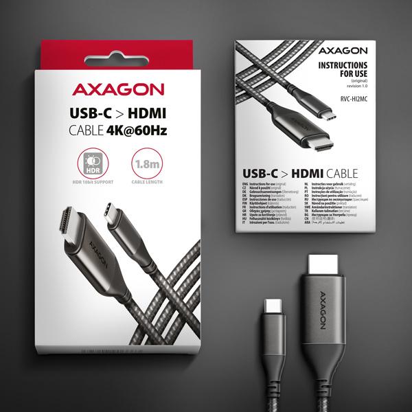 AXAGON RVC-HI2MC, USB-C -> HDMI 2.0a redukcia / kábel 1.8m, 4K/ 60Hz HDR103