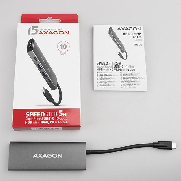 AXAGON HMC-5G2, USB 10Gbps hub, porty 2x USB-A, 2x USB-C, HDMI 4k/ 60, PD 100W, kábel USB-C 13cm8