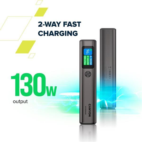 Canyon OnPower 230, Powerbank, 20.000 mAh, displej, in: USB-C, out: 2x USB-C /USB-A, 130W, hodiny/budík/teplomer11