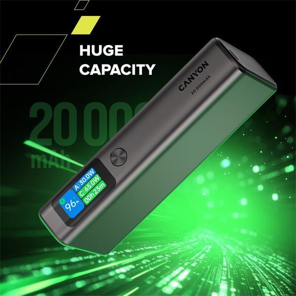 Canyon OnPower 230, Powerbank, 20.000 mAh, displej, in: USB-C, out: 2x USB-C /USB-A, 130W, hodiny/budík/teplomer12