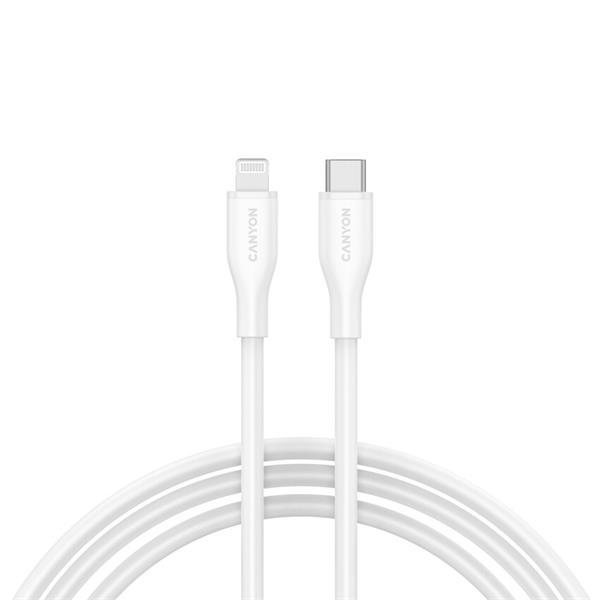 Canyon CLNM60SC10, 1 m kábel, USB-C / Lighting, MFi Apple schválený, 60 W, 480 Mbps, silikónový, biely