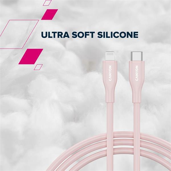 Canyon CLNM60SC10, 1 m kábel, USB-C / Lighting, MFi Apple schválený, 60 W, 480 Mbps, silikónový, biely10