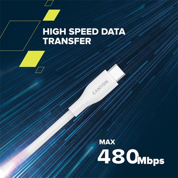 Canyon CLNM60SC10, 1 m kábel, USB-C / Lighting, MFi Apple schválený, 60 W, 480 Mbps, silikónový, biely3