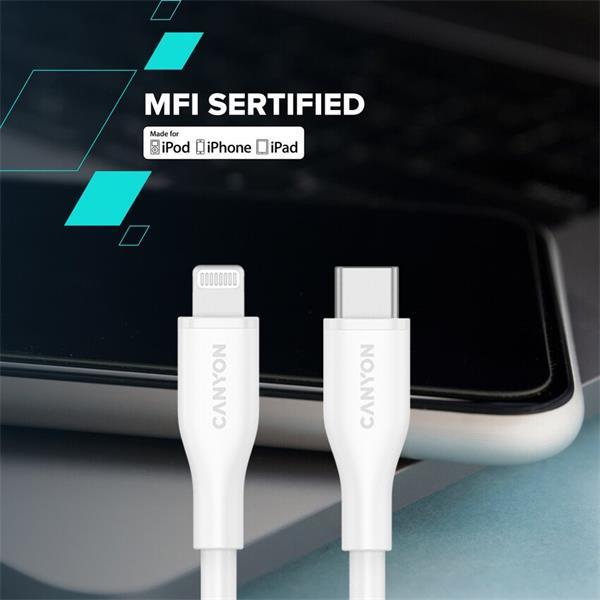 Canyon CLNM60SC10, 1 m kábel, USB-C / Lighting, MFi Apple schválený, 60 W, 480 Mbps, silikónový, biely5