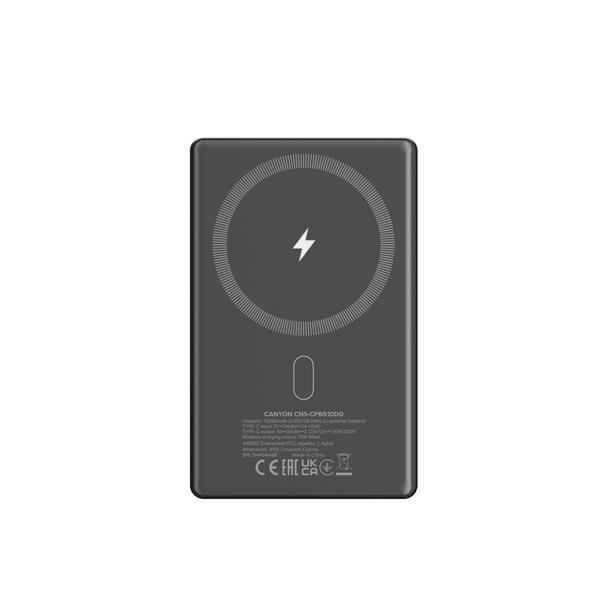 Canyon OnCharge 510, Powerbank, 10.000 mAh, in: USB-C, out: USB-C PD 20W + Wireless Magnet 15W, štíhla, šedá1