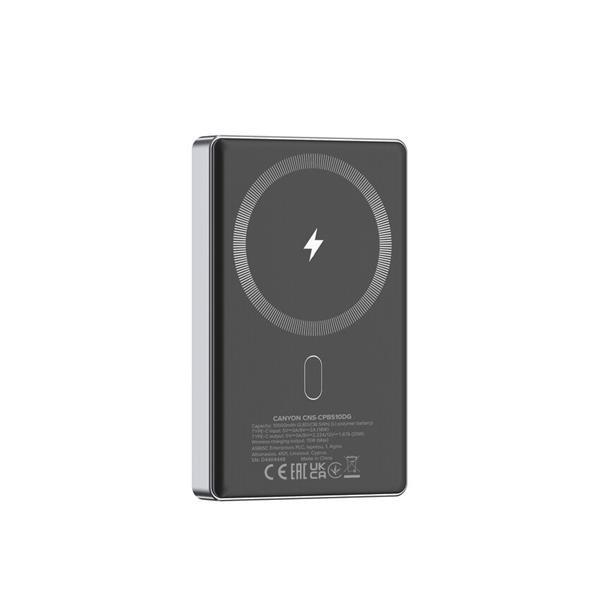Canyon OnCharge 510, Powerbank, 10.000 mAh, in: USB-C, out: USB-C PD 20W + Wireless Magnet 15W, štíhla, šedá3