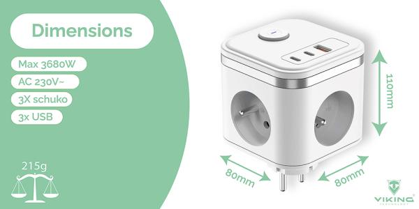 Sieťový adaptér VIKING Y33, biela/ Output:3xAC, 1xUSB-A, 2xUSB-C/ Tlačidlo ON/ OFF2