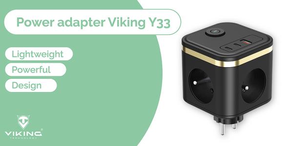 Sieťový adaptér VIKING Y33, biela/ Output:3xAC, 1xUSB-A, 2xUSB-C/ Tlačidlo ON/ OFF4