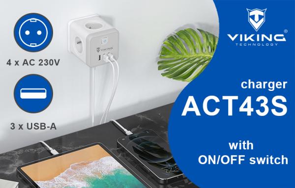 Sieťový adaptér Viking ACT43S/ Output:4xAC, 3xUSB-A/ Tlačidlo ON/ OFF8