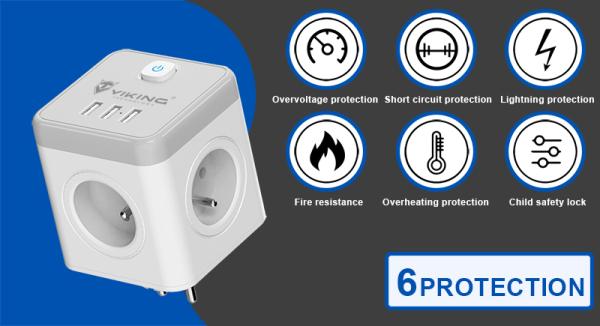 Sieťový adaptér Viking ACT43S/ Output:4xAC, 3xUSB-A/ Tlačidlo ON/ OFF6