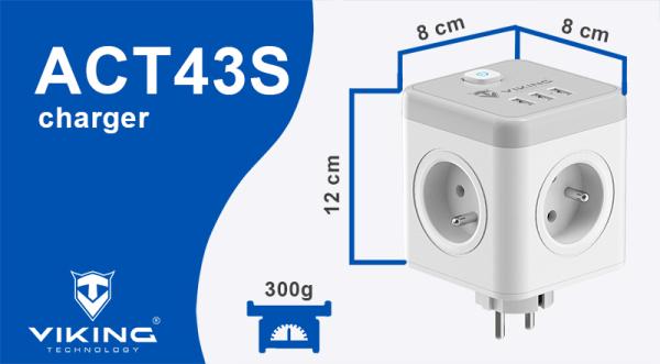 Sieťový adaptér Viking ACT43S/ Output:4xAC, 3xUSB-A/ Tlačidlo ON/ OFF9