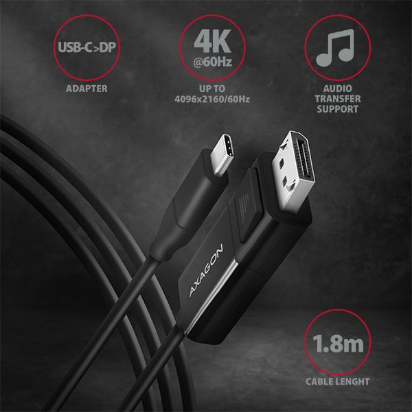 AXAGON RVC-DPC, USB-C -> DisplayPort redukcia / kábel 1.8m, 4K/ 60Hz2