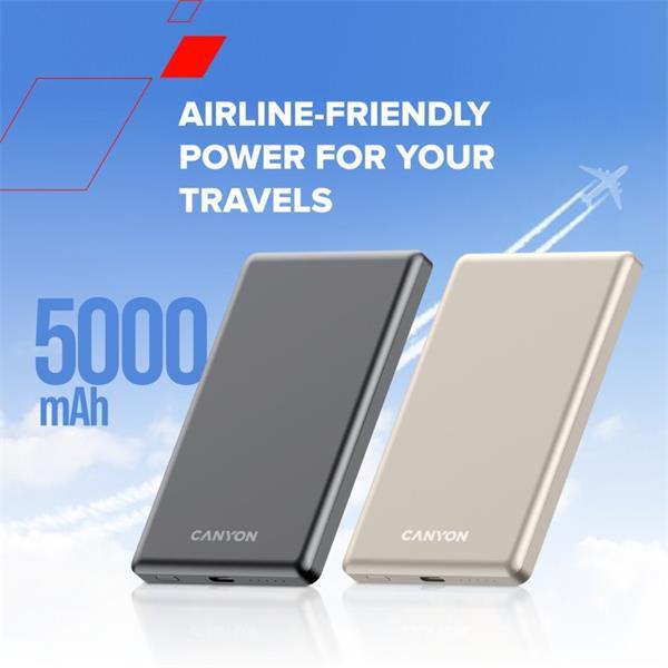 Canyon OnCharge 505, Powerbank, 5.000 mAh, in: USB-C, out: USB-C PD 20W + Wireless Magsafe 15W, ultratenká, šedá2