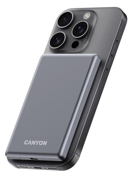 Canyon OnCharge 505, Powerbank, 5.000 mAh, in: USB-C, out: USB-C PD 20W + Wireless Magsafe 15W, ultratenká, šedá4