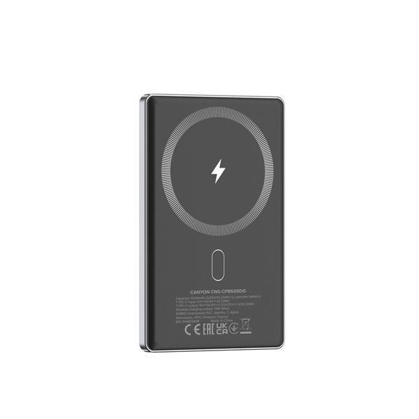 Canyon OnCharge 505, Powerbank, 5.000 mAh, in: USB-C, out: USB-C PD 20W + Wireless Magsafe 15W, ultratenká, šedá7
