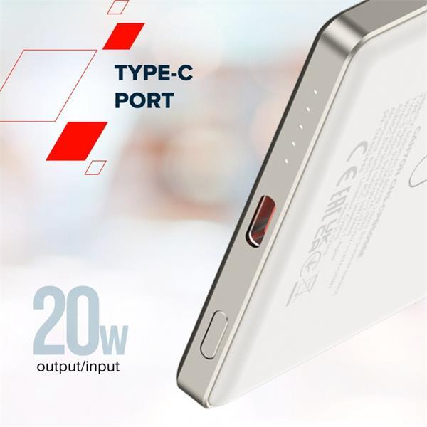 Canyon OnCharge 505, Powerbank, 5.000 mAh, in: USB-C, out: USB-C PD 20W + Wireless Magsafe 15W, ultratenká, béžová10