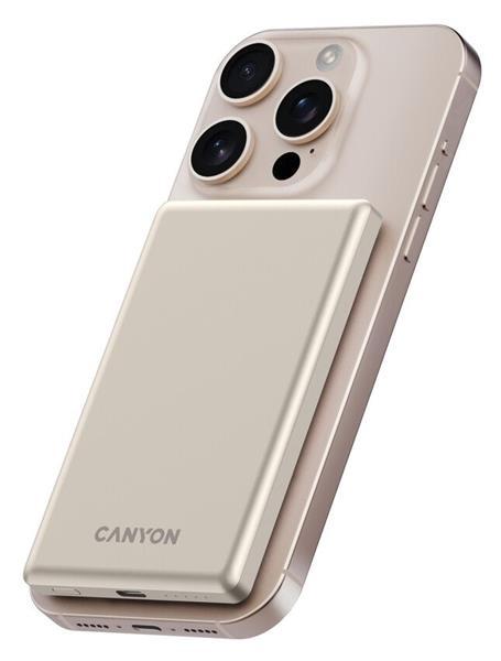 Canyon OnCharge 505, Powerbank, 5.000 mAh, in: USB-C, out: USB-C PD 20W + Wireless Magsafe 15W, ultratenká, béžová2