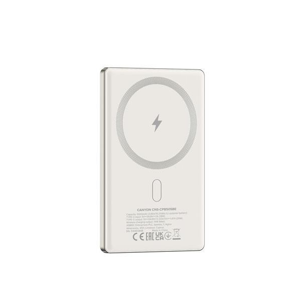 Canyon OnCharge 505, Powerbank, 5.000 mAh, in: USB-C, out: USB-C PD 20W + Wireless Magsafe 15W, ultratenká, béžová4